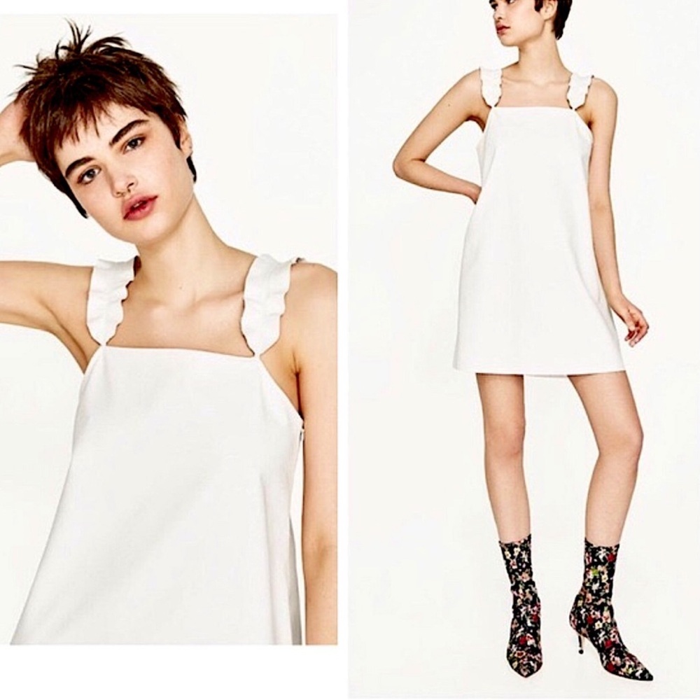 Zara Ivory Faux Leather Ruffle Shoulder Dress